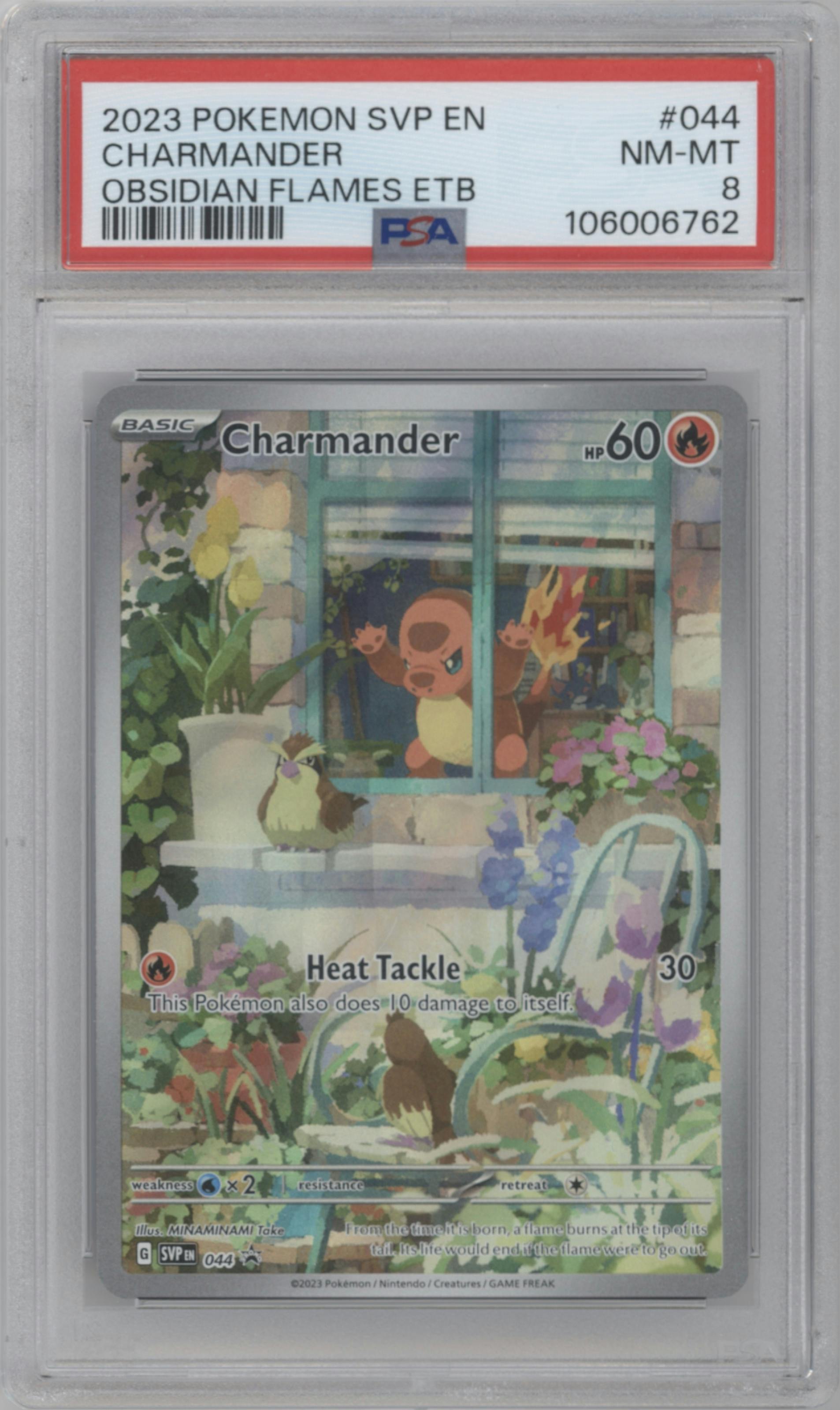 Charmander from the 2023 Pokemon SV set featuring a Obsidian Flame Elite Trainer Box parallel graded by PSA and given an overall grade of 8.