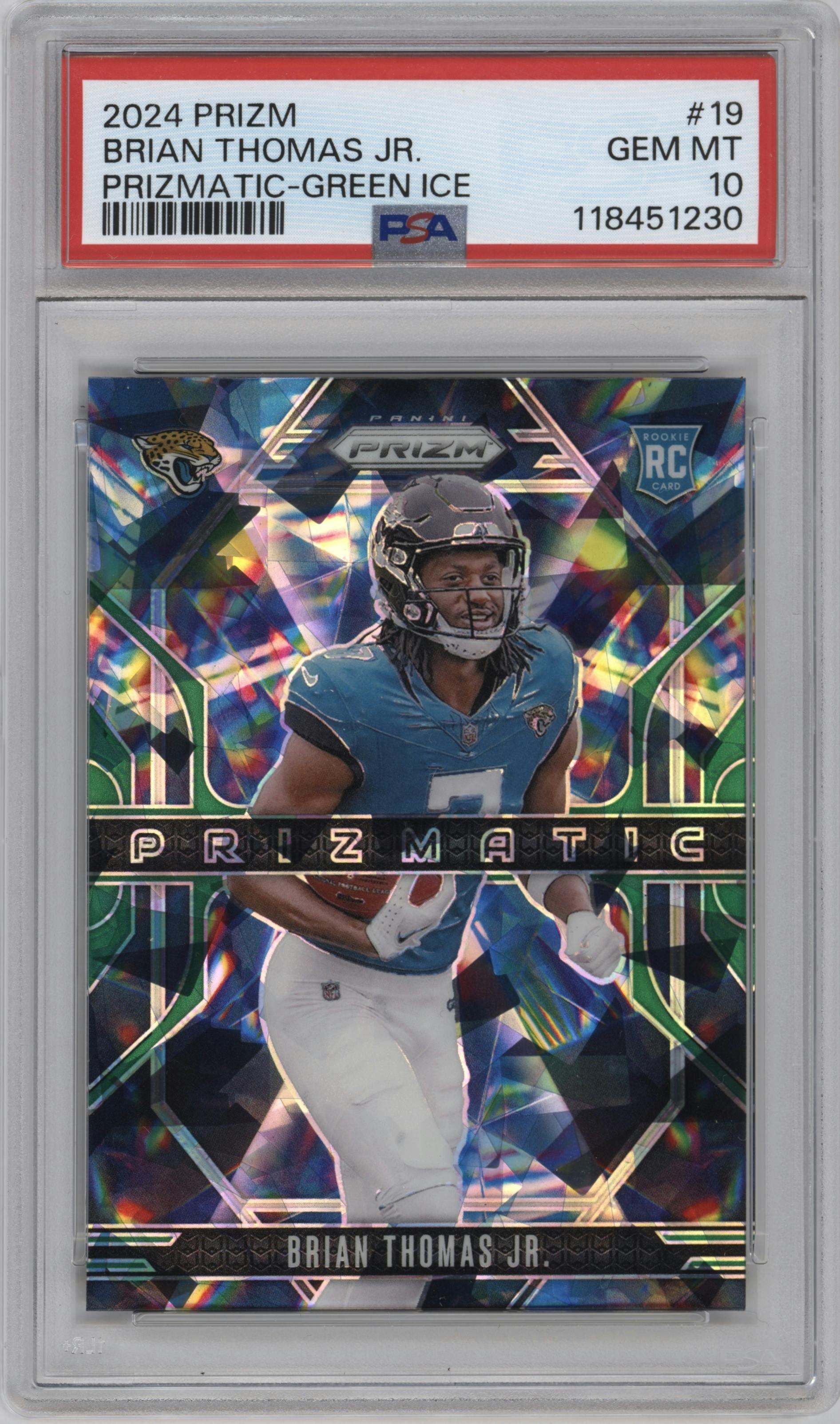 Brian Thomas Jr. from the 2024 Panini Prizm set featuring a Green Ice Prizm parallel graded by PSA and given an overall grade of 10.