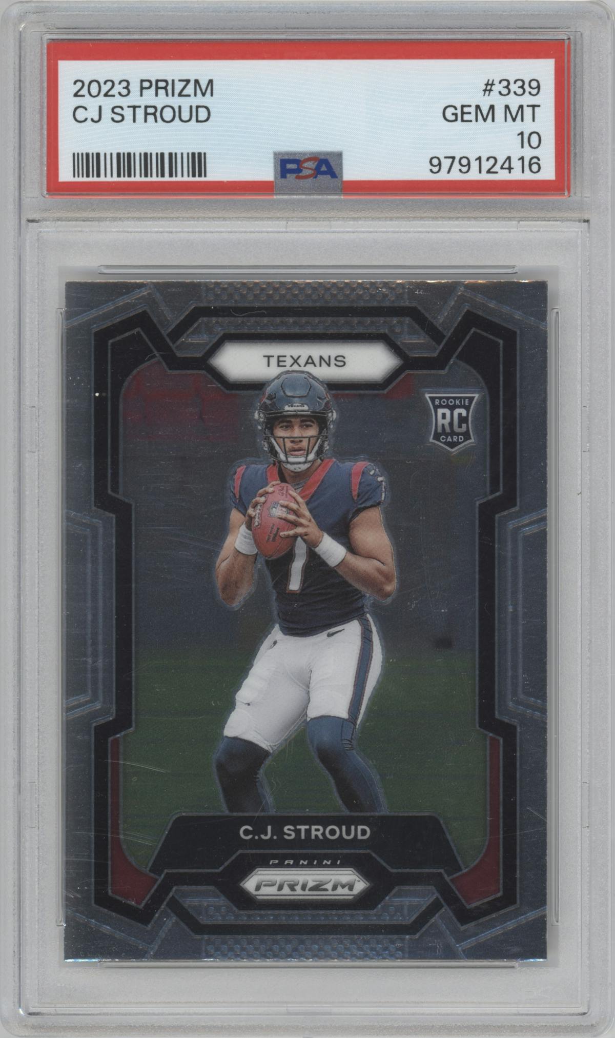 C.J. Stroud from the 2023 Panini Prizm set graded by PSA and given an overall grade of 10.