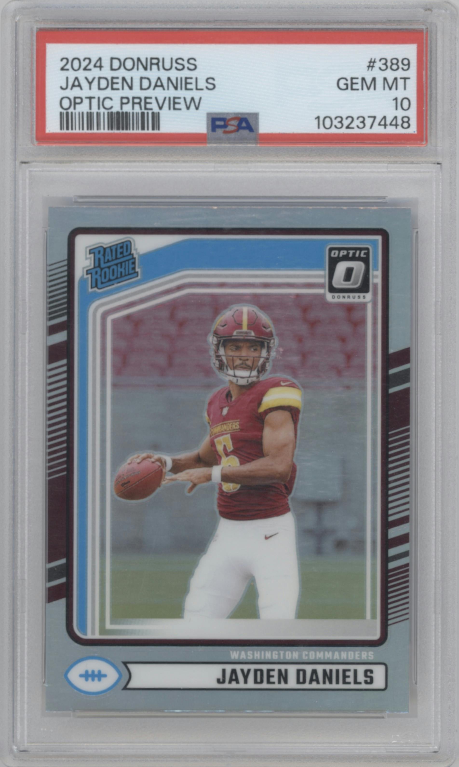 Jayden Daniels from the 2024 Donruss set graded by PSA and given an overall grade of 10.