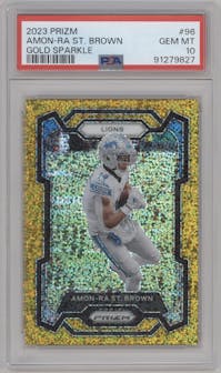 Amon-Ra St. Brown from the 2023 Panini Prizm set featuring a Gold Sparkle parallel graded by PSA and given an overall grade of 10.