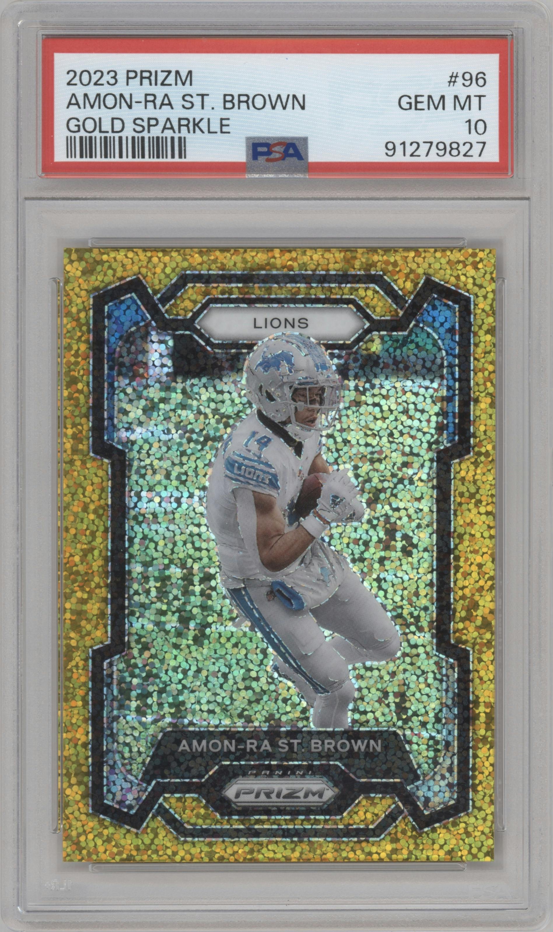 Amon-Ra St. Brown from the 2023 Panini Prizm set featuring a Gold Sparkle parallel graded by PSA and given an overall grade of 10.