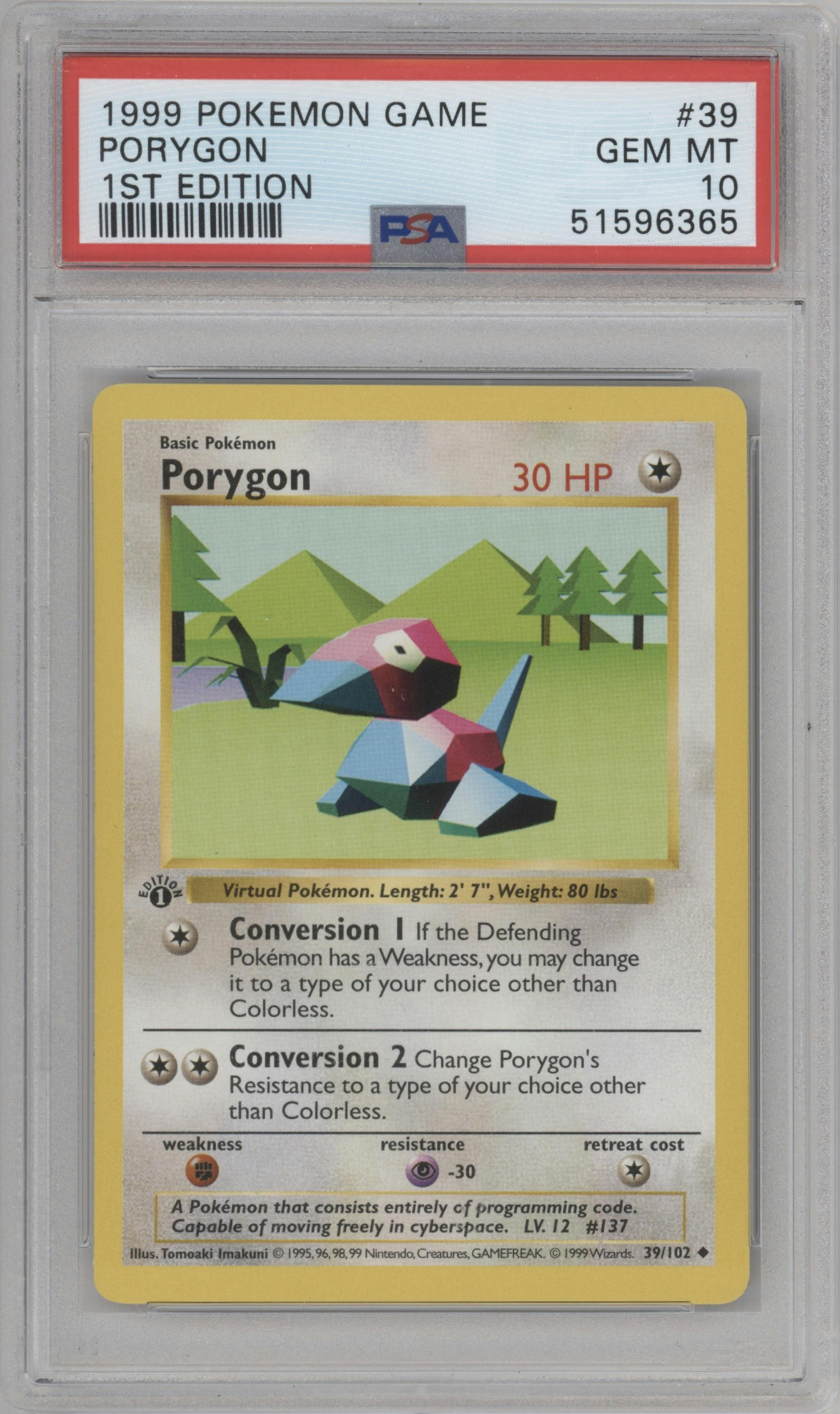 Porygon from the 1999 Pokemon set graded by PSA and given an overall grade of 10.