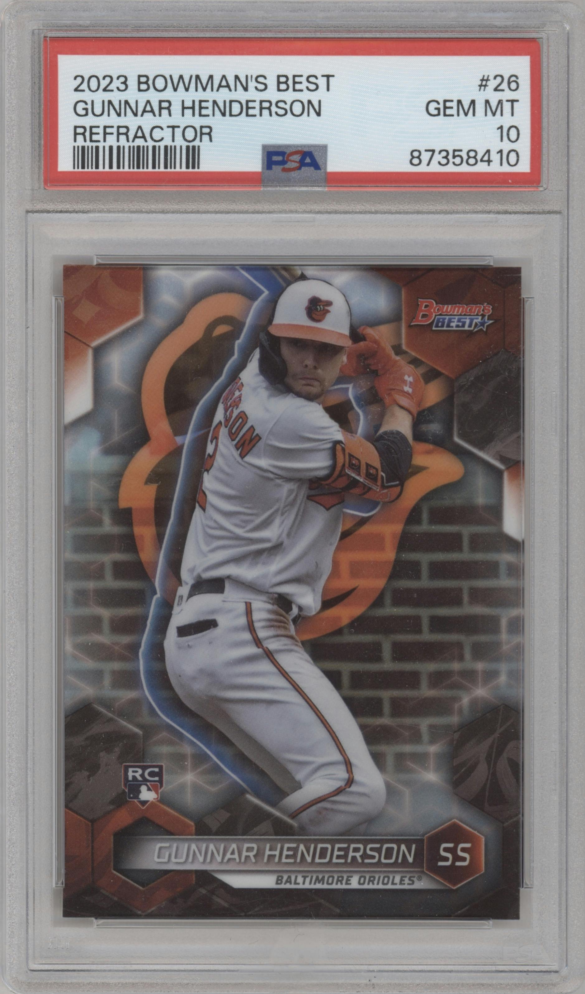 Gunnar Henderson from the 2023 Bowman's Best set featuring a Refractor parallel graded by PSA and given an overall grade of 10.