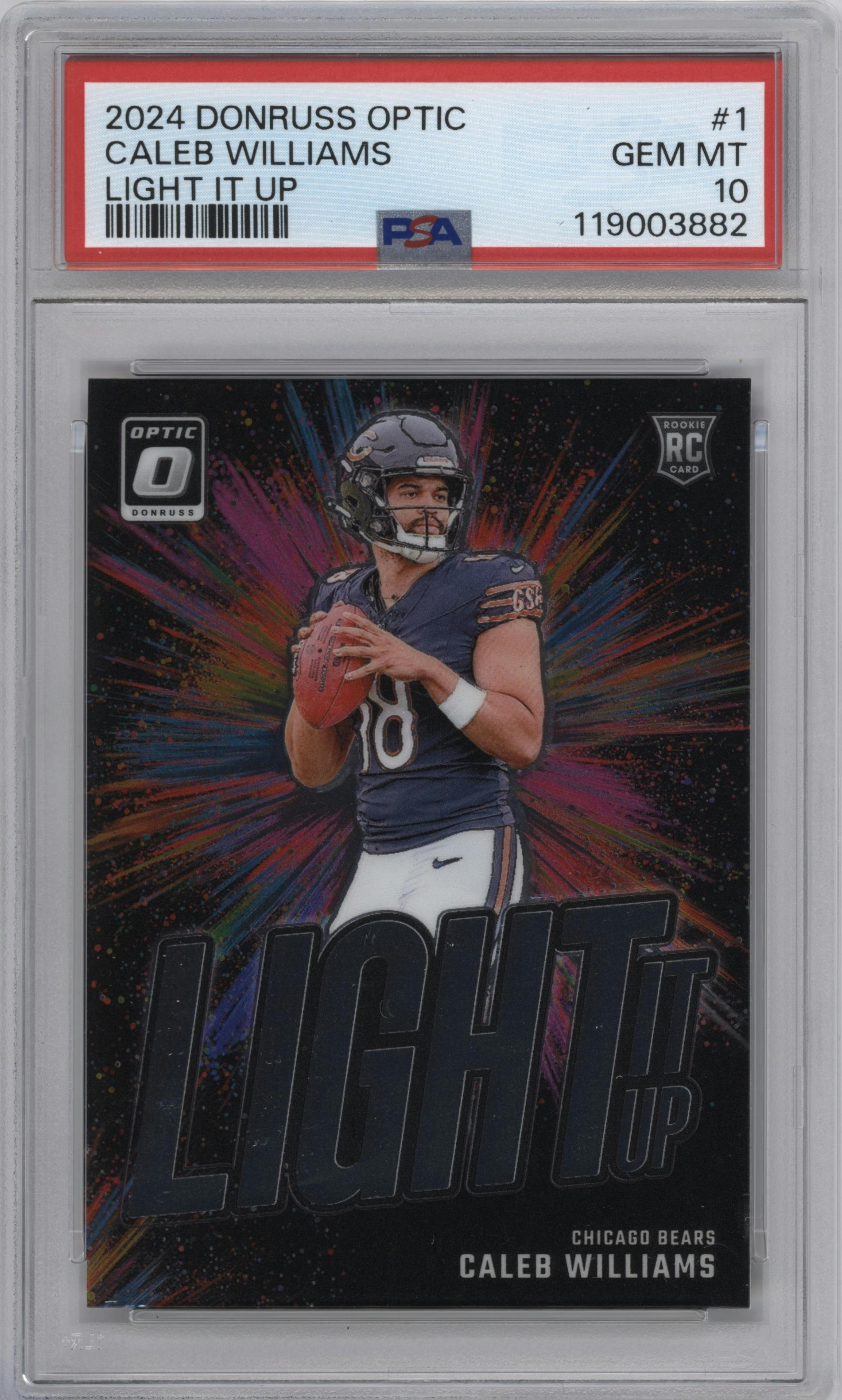 Caleb Williams from the 2024 Donruss Optic set graded by PSA and given an overall grade of 10.