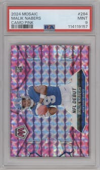 Malik Nabers from the 2024 Panini Mosaic set featuring a Pink Camo parallel graded by PSA and given an overall grade of 9.