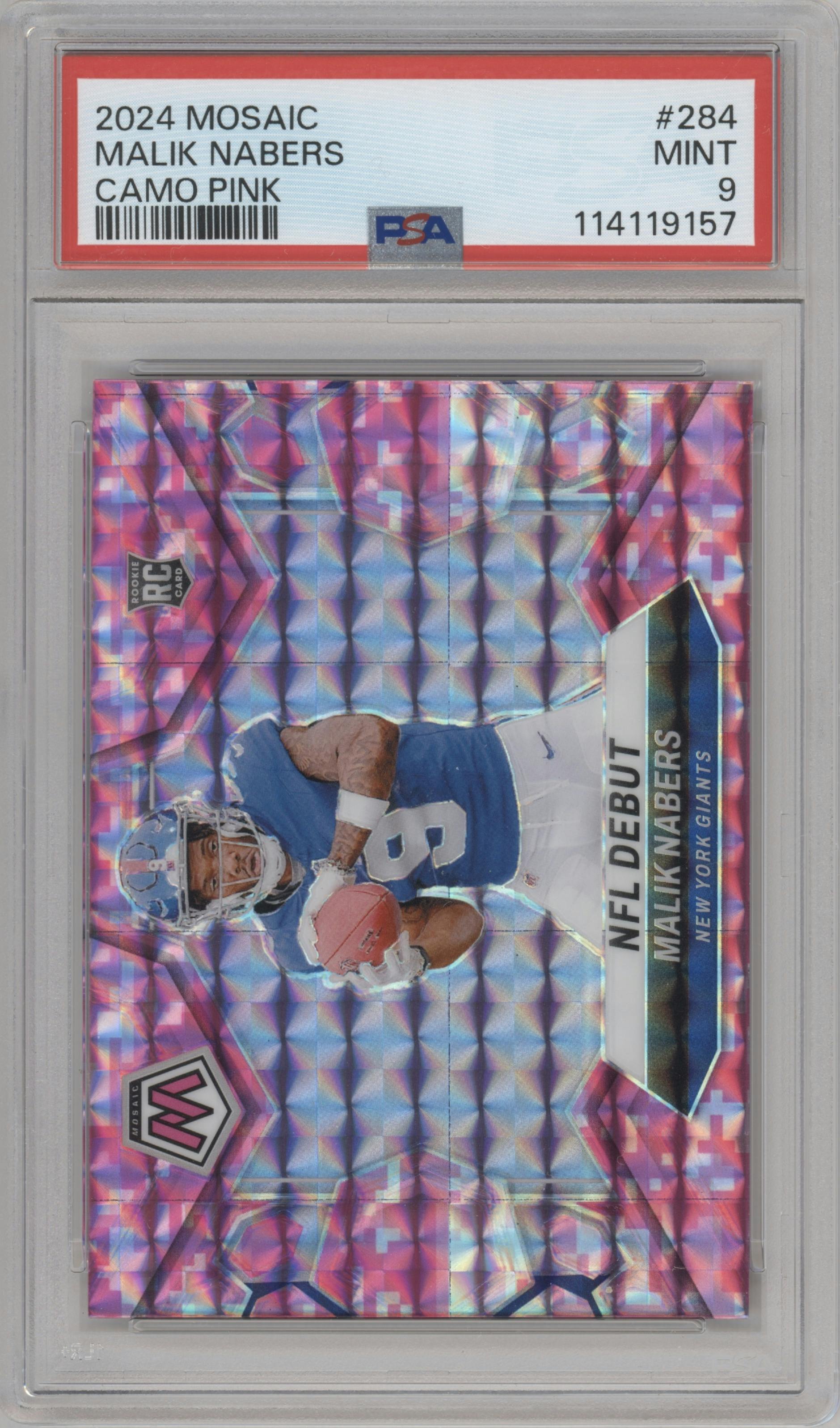 Malik Nabers from the 2024 Panini Mosaic set featuring a Pink Camo parallel graded by PSA and given an overall grade of 9.