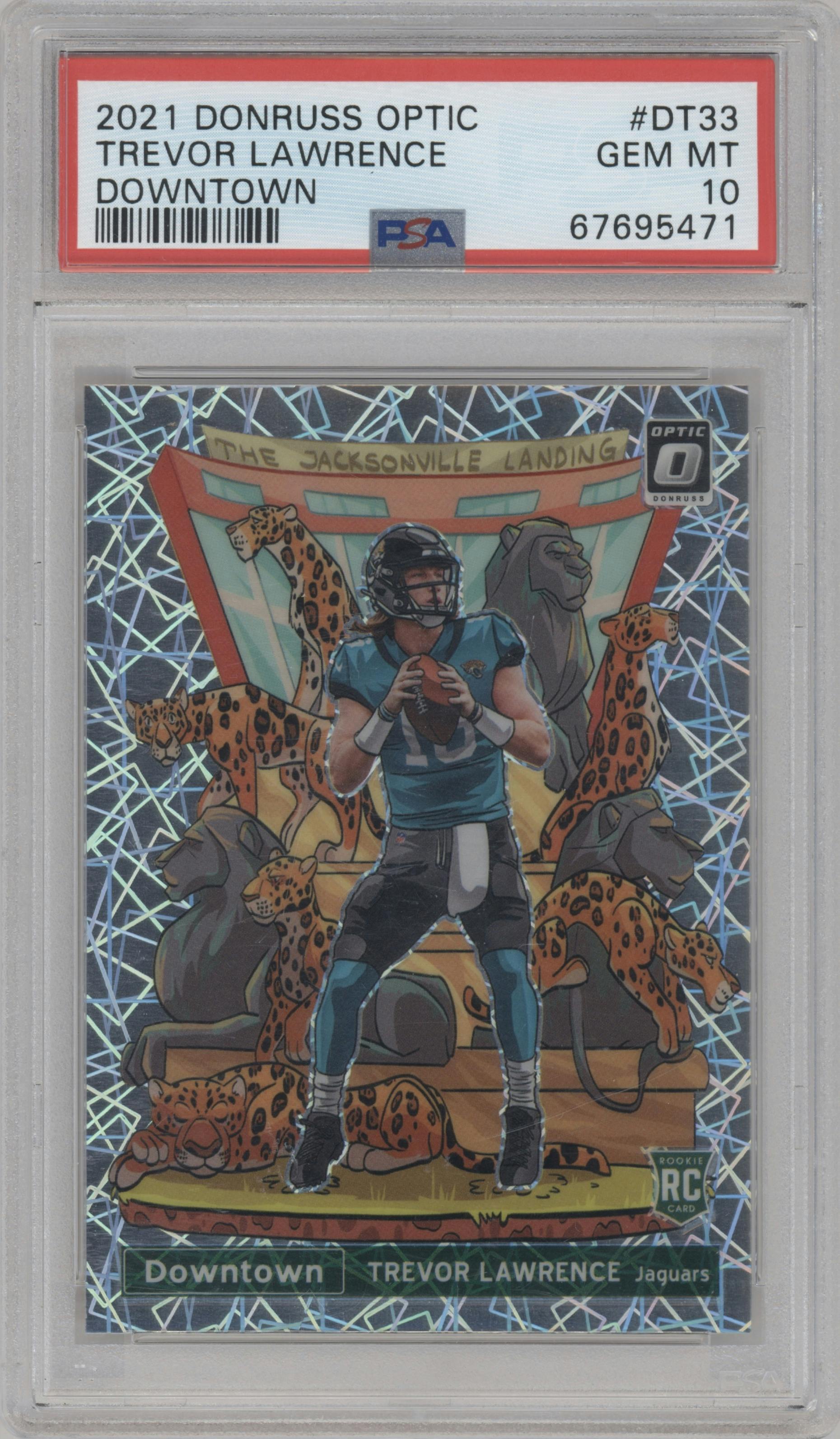 Trevor Lawrence from the 2021 Panini Donruss Optic set graded by PSA and given an overall grade of 10.