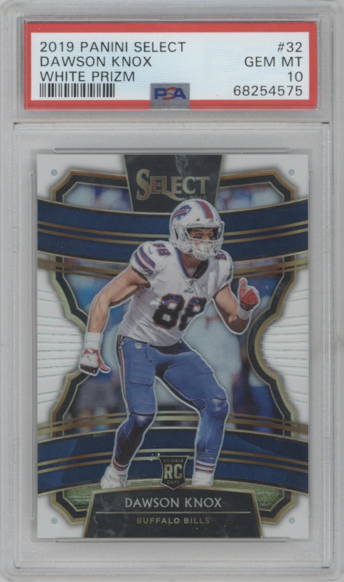 Dawson Knox from the 2019 Panini Select  set featuring a White Prizm parallel graded by PSA and given an overall grade of 10.