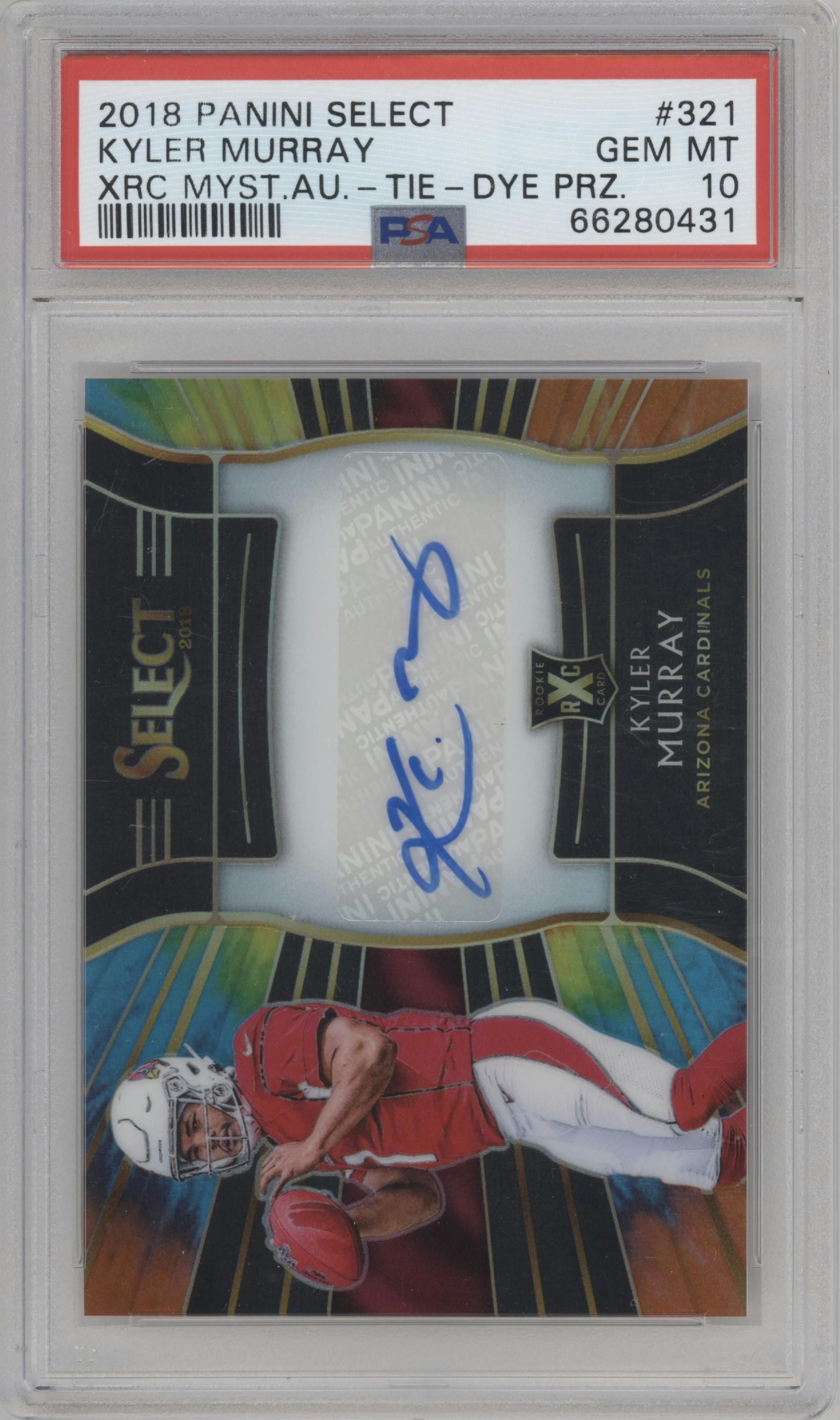 Kyler Murray from the 2018 Panini Select set featuring a Tie-Dye parallel graded by PSA and given an overall grade of 10.