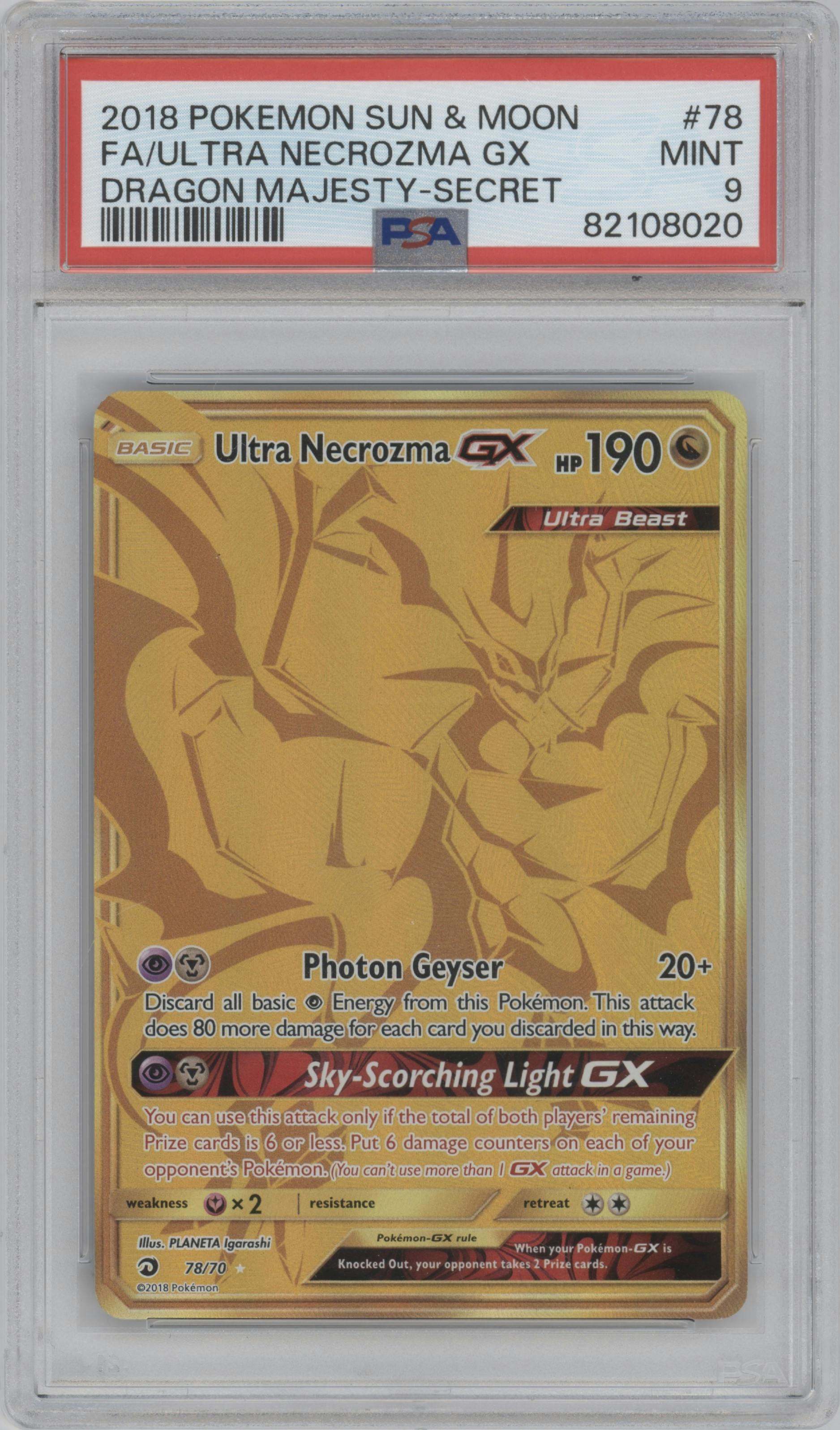 Ultra Necrozma GX from the 2018 Pokemon S&M  set graded by PSA and given an overall grade of 9.