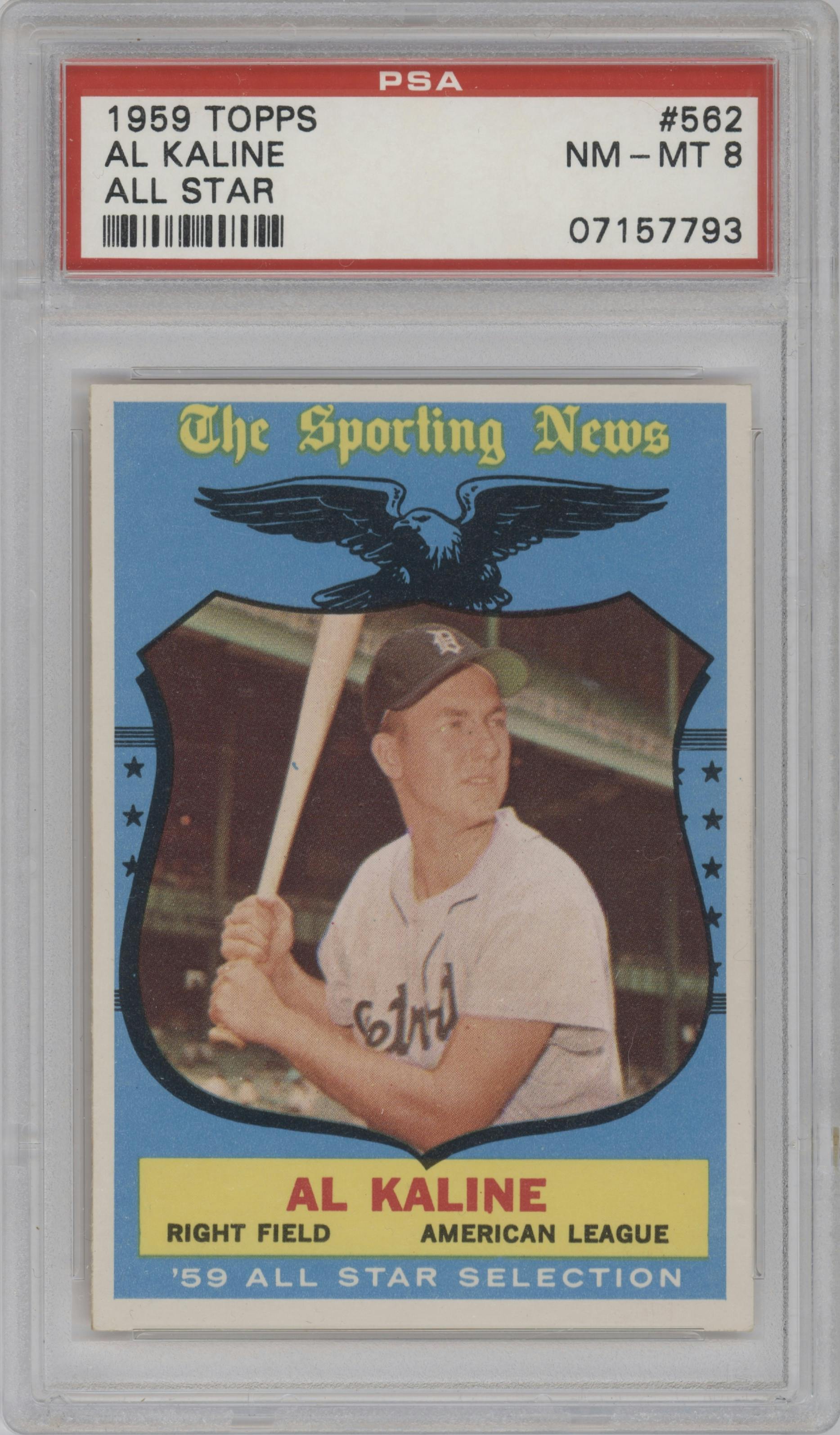 Al Kaline from the 1959 Topps set graded by PSA and given an overall grade of 8.