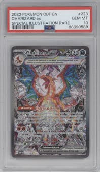 Charizard ex from the 2023 Pokemon SV set graded by PSA and given an overall grade of 10.