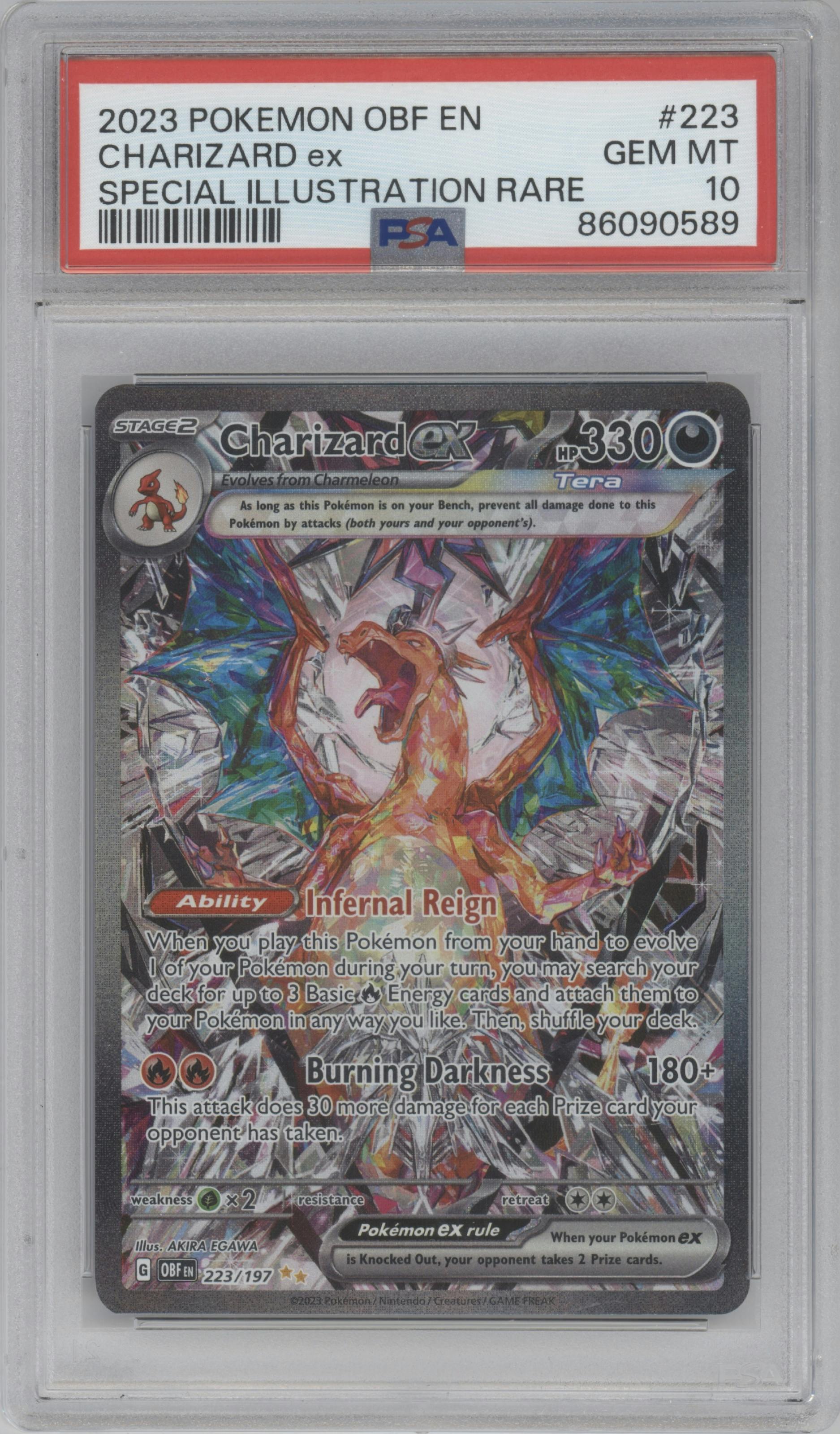 Charizard ex from the 2023 Pokemon SV set graded by PSA and given an overall grade of 10.