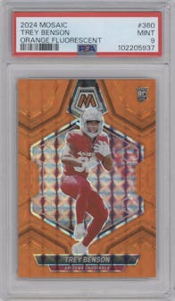 Trey Benson  from the 2024 Panini Mosaic set featuring a Orange Fluorescent parallel graded by PSA and given an overall grade of 9.