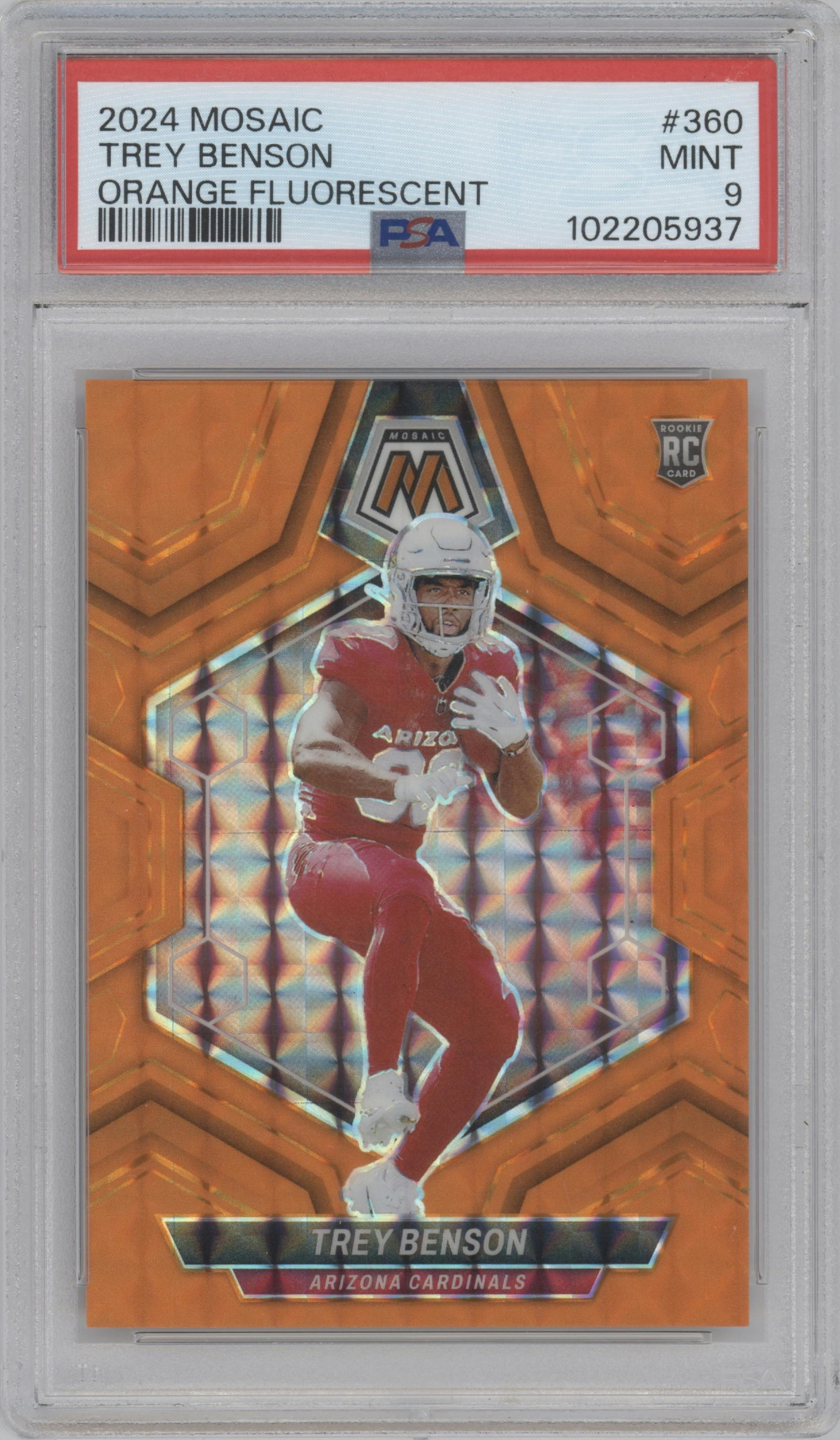 Trey Benson  from the 2024 Panini Mosaic set featuring a Orange Fluorescent parallel graded by PSA and given an overall grade of 9.