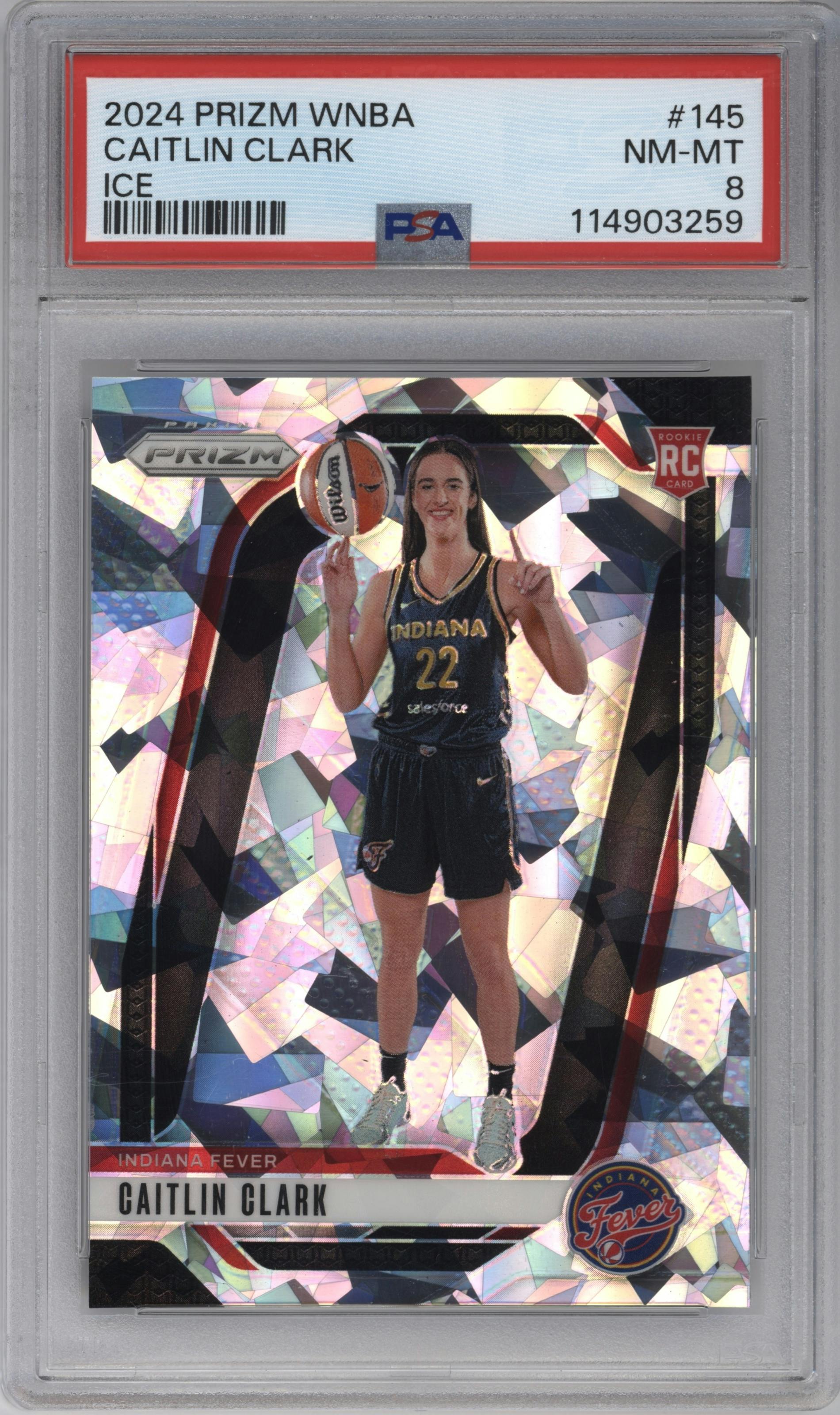 Caitlin Clark from the 2024 Panini Prizm WNBA set featuring a Ice parallel graded by PSA and given an overall grade of 8.