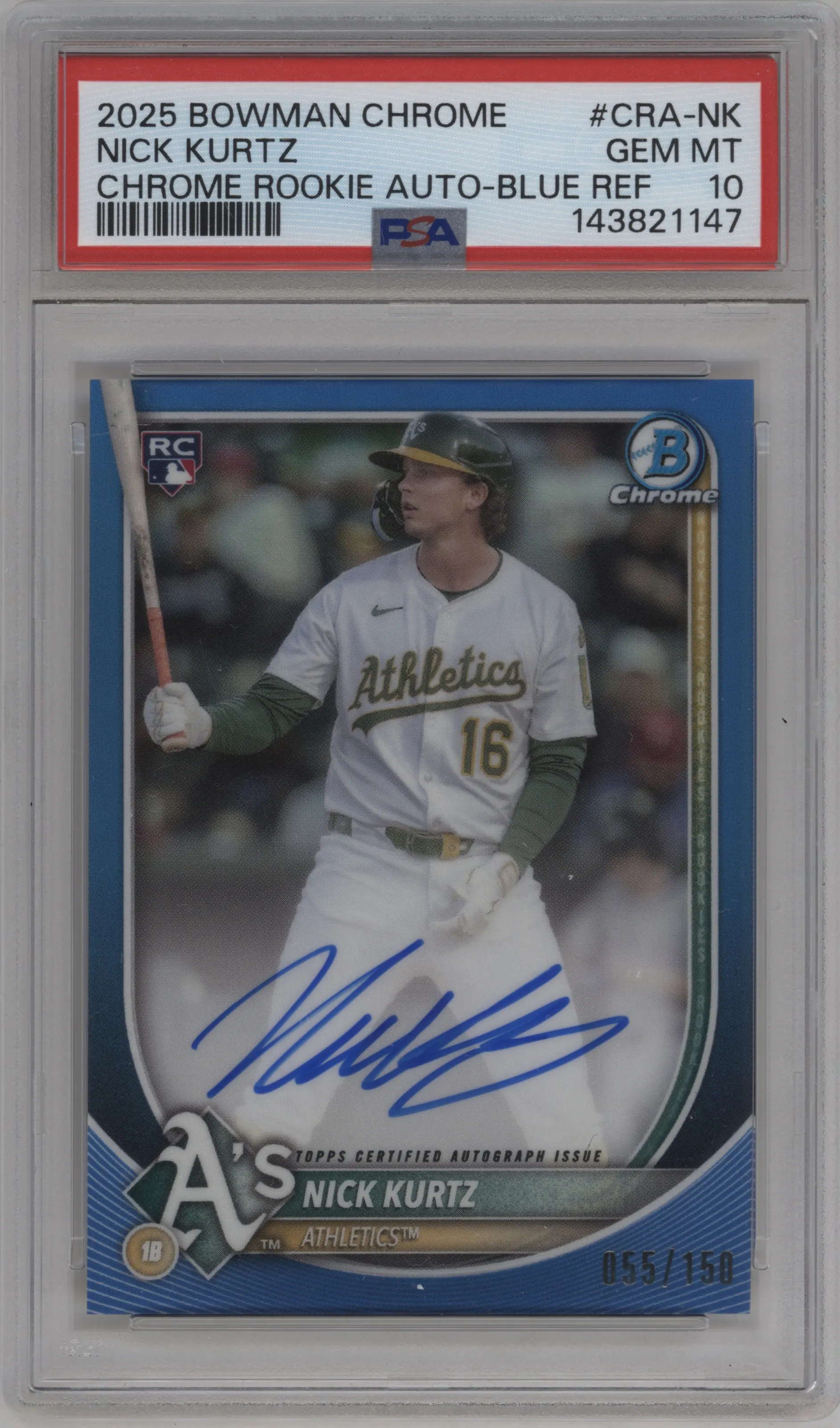 2025 Bowman Chrome Chr.Rke.Auto Nick Kurtz Blue Refractor PSA 10