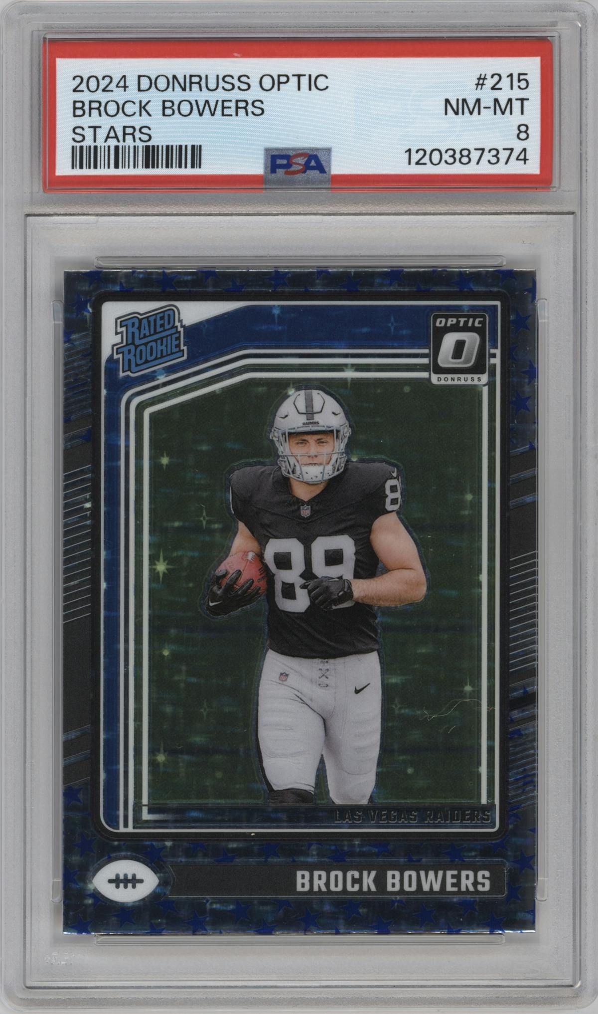 Brock Bowers from the 2024 Donruss Optic set featuring a Stars parallel graded by PSA and given an overall grade of 8.