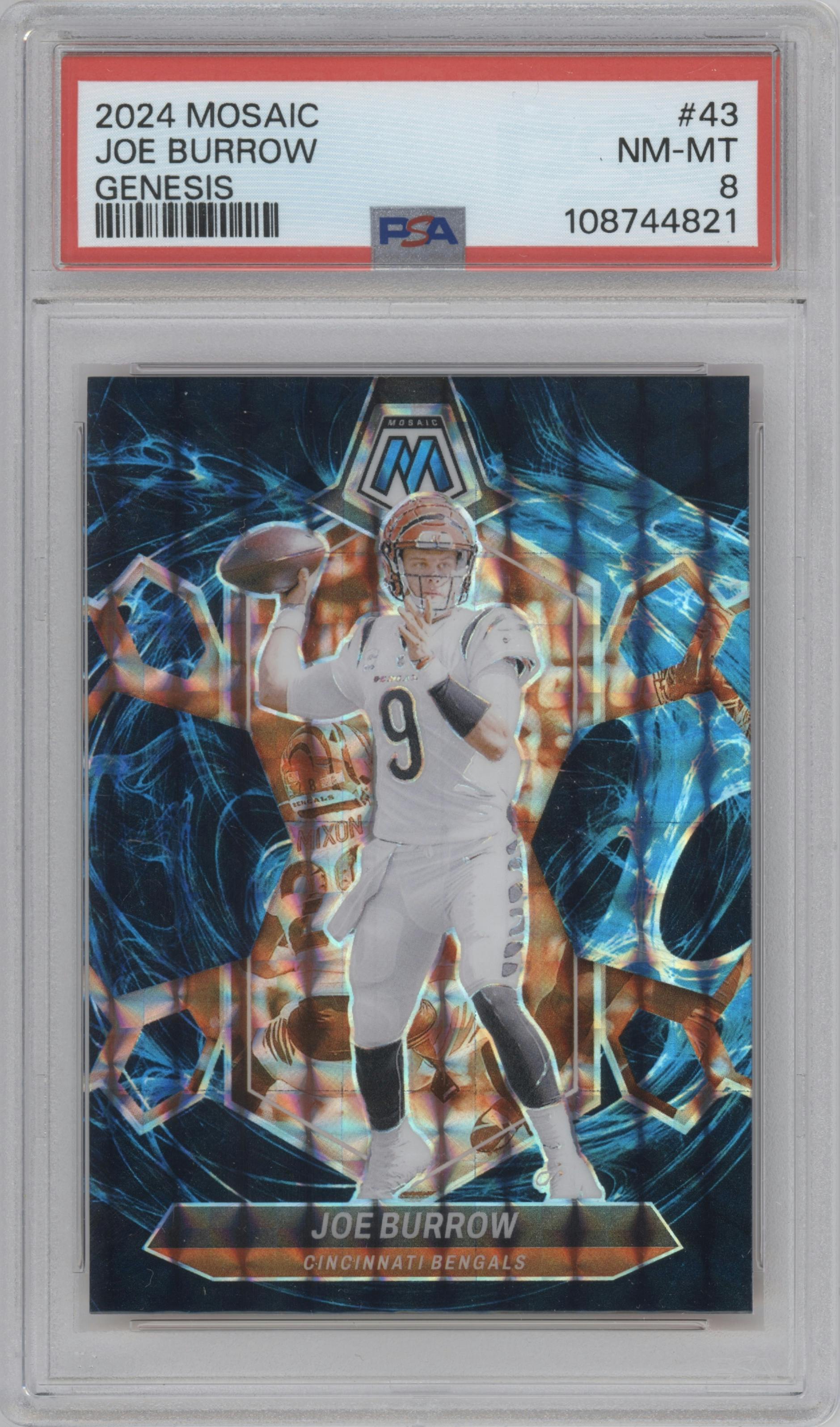 Joe Burrow from the 2024 Panini Mosaic set featuring a Genesis parallel graded by PSA and given an overall grade of 8.