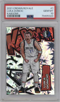Luka Doncic from the 2021-22 Crown Royale set graded by PSA and given an overall grade of 10.