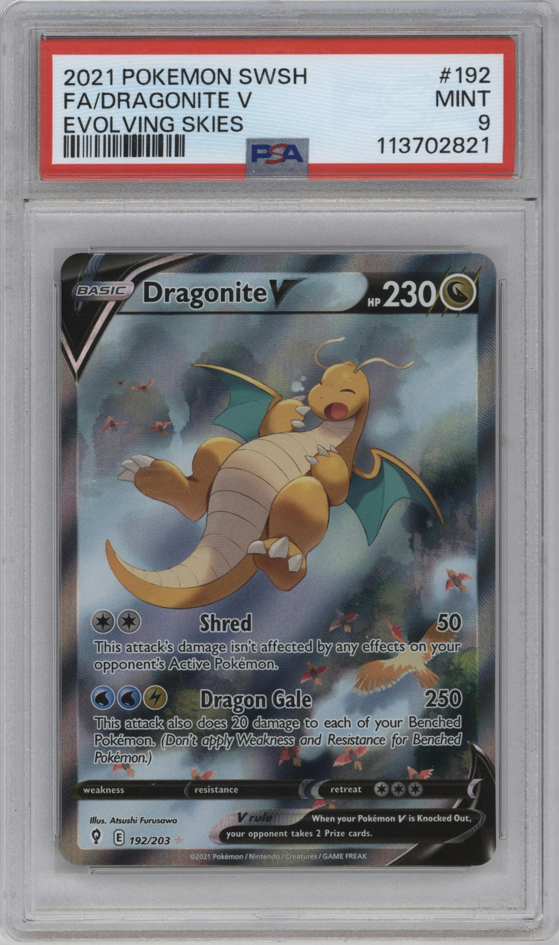 Dragonite V from the 2021 Pokemon SWSH set graded by PSA and given an overall grade of 9.