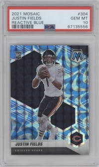 Justin Fields from the 2021 Panini Mosaic set featuring a Reactive Blue parallel graded by PSA and given an overall grade of 10.