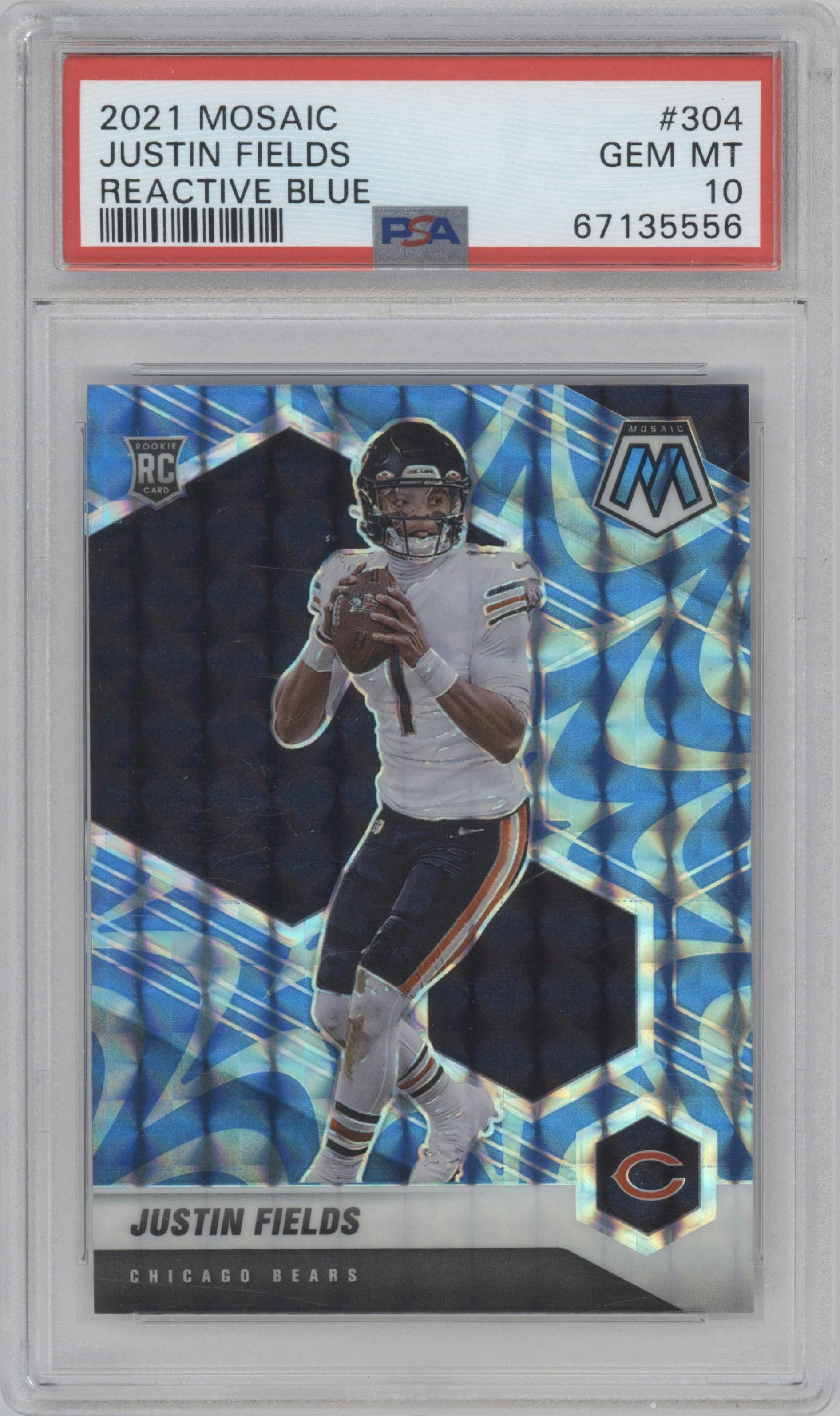 Justin Fields from the 2021 Panini Mosaic set featuring a Reactive Blue parallel graded by PSA and given an overall grade of 10.