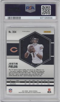 Justin Fields from the 2021 Panini Mosaic set featuring a Reactive Blue parallel graded by PSA and given an overall grade of 10.