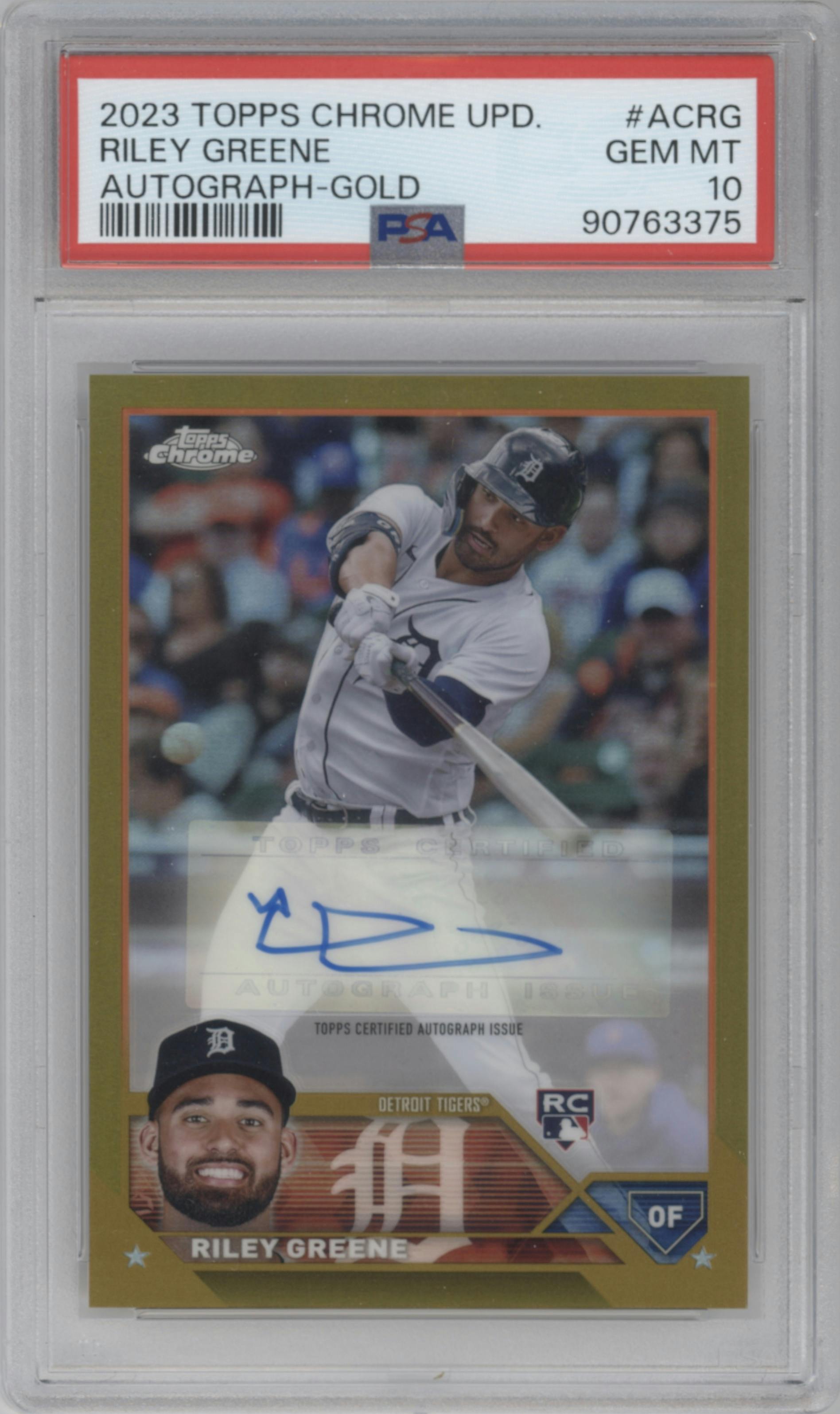 Riley Greene from the 2023 Topps Chrome Update set featuring a Gold Refractor parallel graded by PSA and given an overall grade of 10.