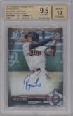 Royce Lewis from the 2017 Bowman Draft set featuring a Black Refractor parallel graded by Beckett and given an overall grade of 9.5.
