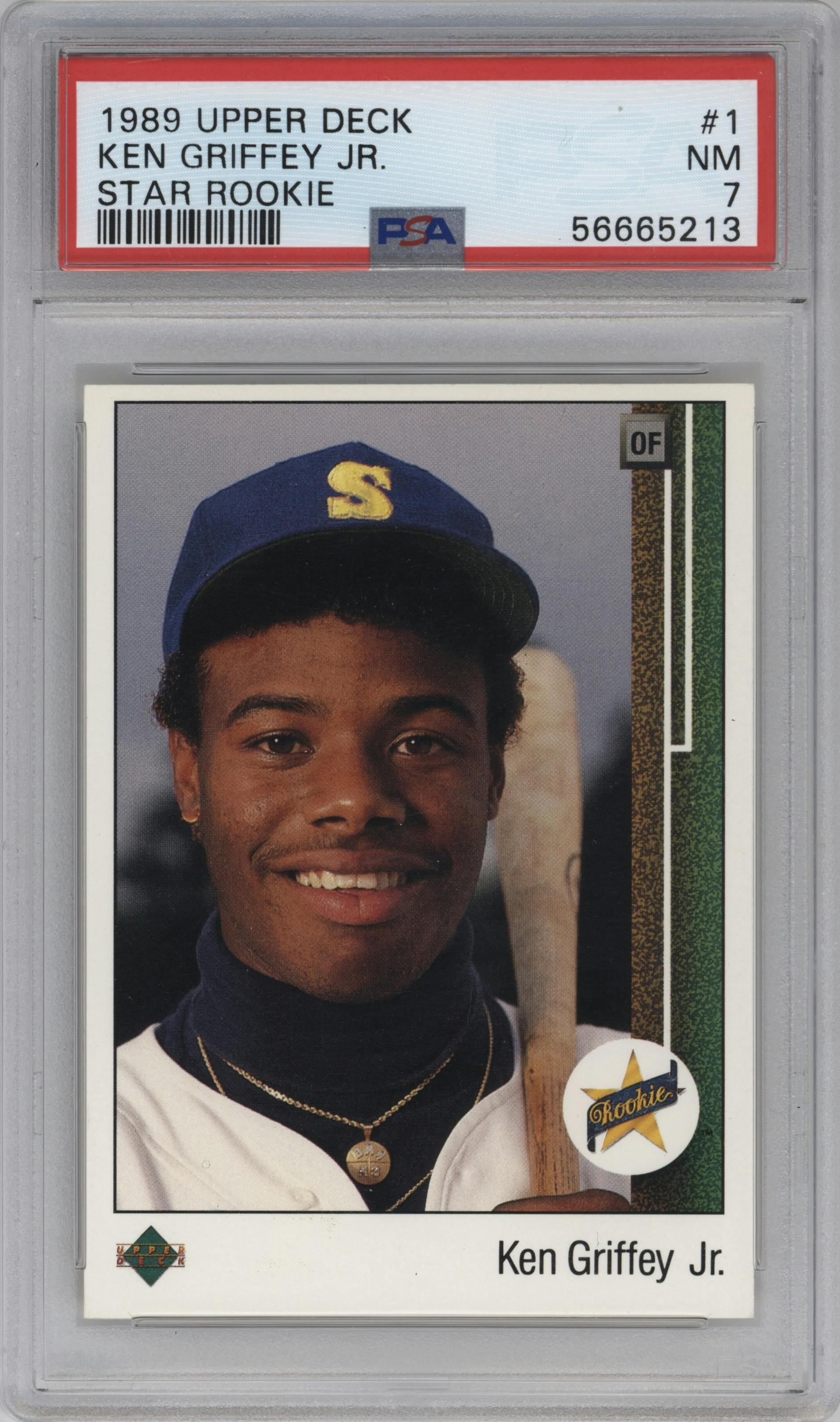 Ken Griffey Jr. from the 1989 Upper Deck set graded by PSA and given an overall grade of 7.