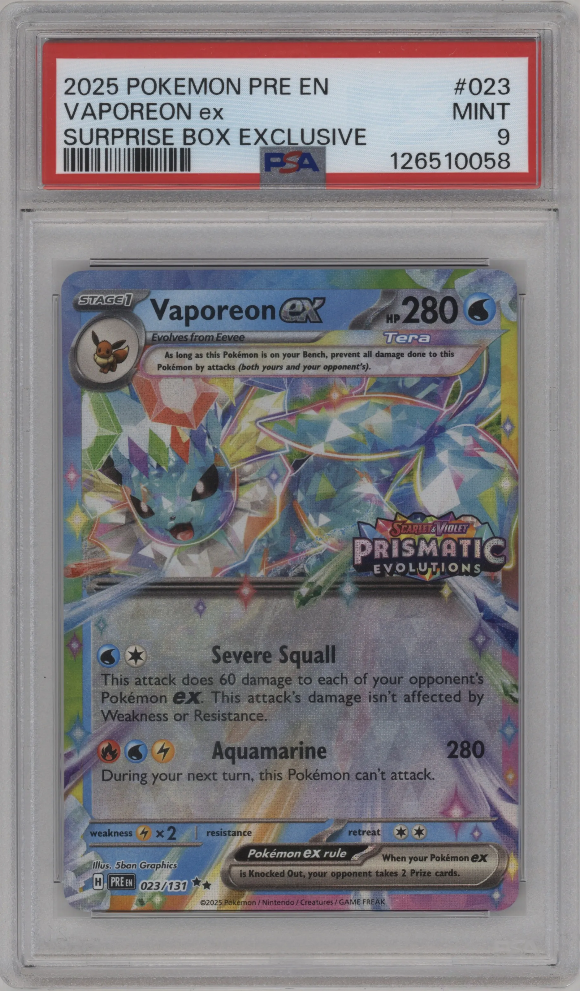 2025 Pokemon SV Prismatic Evolutions Vaporeon ex Prismatic Evolutions Surprise Box #023 PSA 9