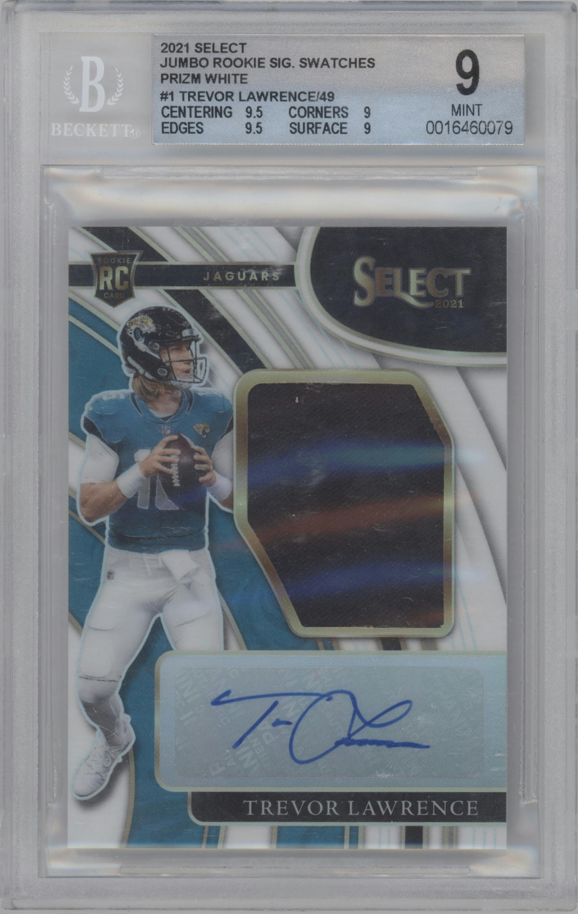 Trevor Lawrence from the 2021 Panini Select set featuring a White Prizm parallel graded by Beckett and given an overall grade of 9.
