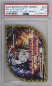 Elly De La Cruz from the 2024 Topps Cosmic Chrome set featuring a Gold Interstellar Refractor parallel graded by PSA and given an overall grade of 9.