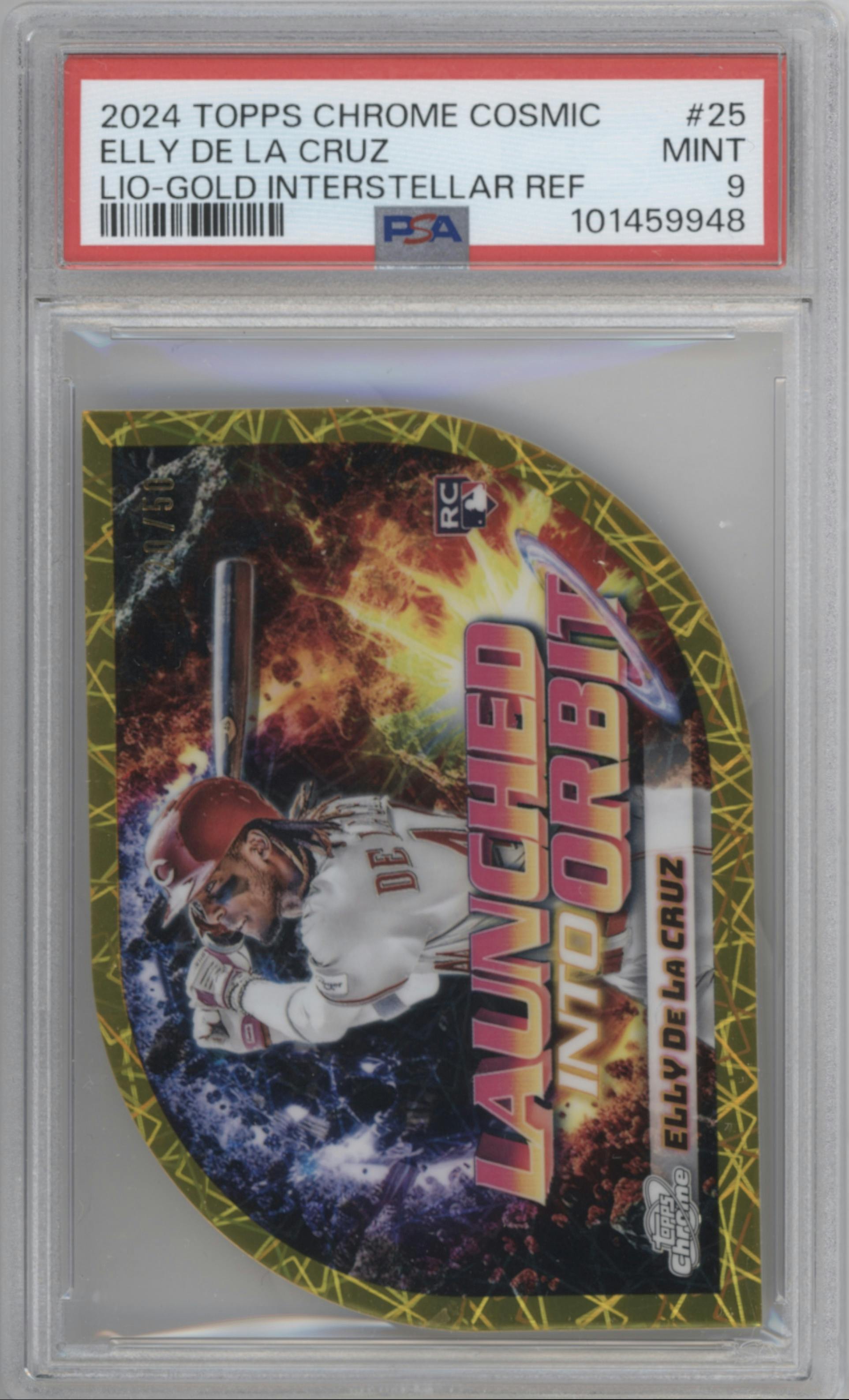 Elly De La Cruz from the 2024 Topps Cosmic Chrome set featuring a Gold Interstellar Refractor parallel graded by PSA and given an overall grade of 9.