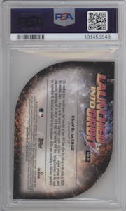 Elly De La Cruz from the 2024 Topps Cosmic Chrome set featuring a Gold Interstellar Refractor parallel graded by PSA and given an overall grade of 9.