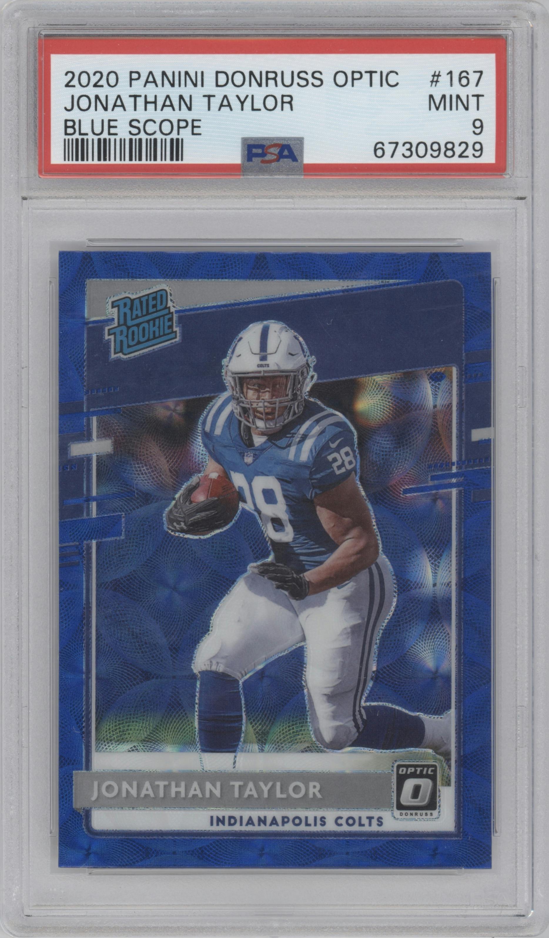 Jonathan Taylor from the 2020 Panini Donruss Optic set featuring a Blue Scope parallel graded by PSA and given an overall grade of 9.