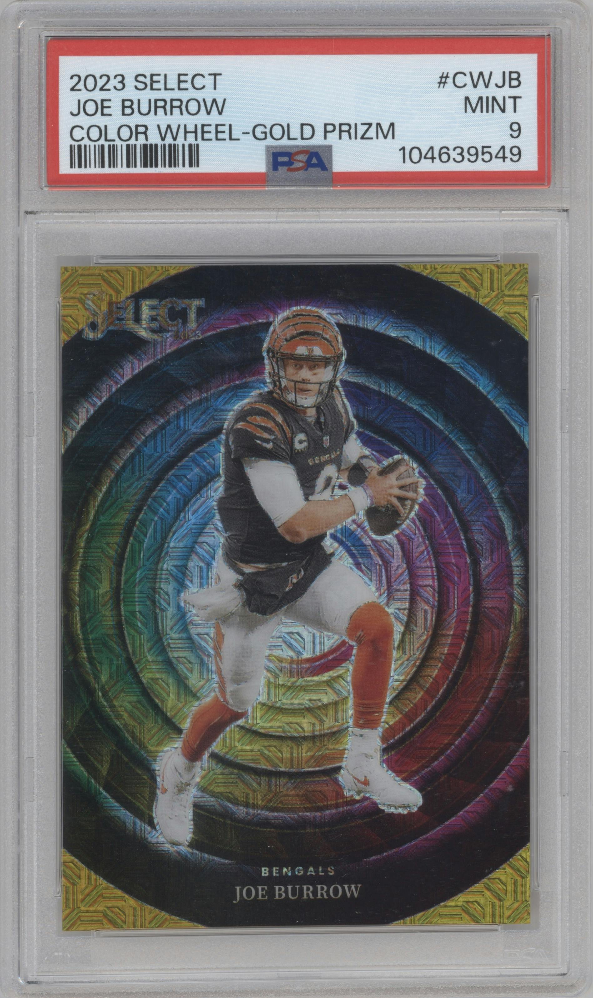 Joe Burrow from the 2023 Panini Select set featuring a Gold Prizm parallel graded by PSA and given an overall grade of 9.