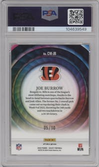 Joe Burrow from the 2023 Panini Select set featuring a Gold Prizm parallel graded by PSA and given an overall grade of 9.