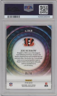 Joe Burrow from the 2023 Panini Select set featuring a Gold Prizm parallel graded by PSA and given an overall grade of 9.