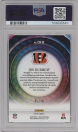 Joe Burrow from the 2023 Panini Select set featuring a Gold Prizm parallel graded by PSA and given an overall grade of 9.
