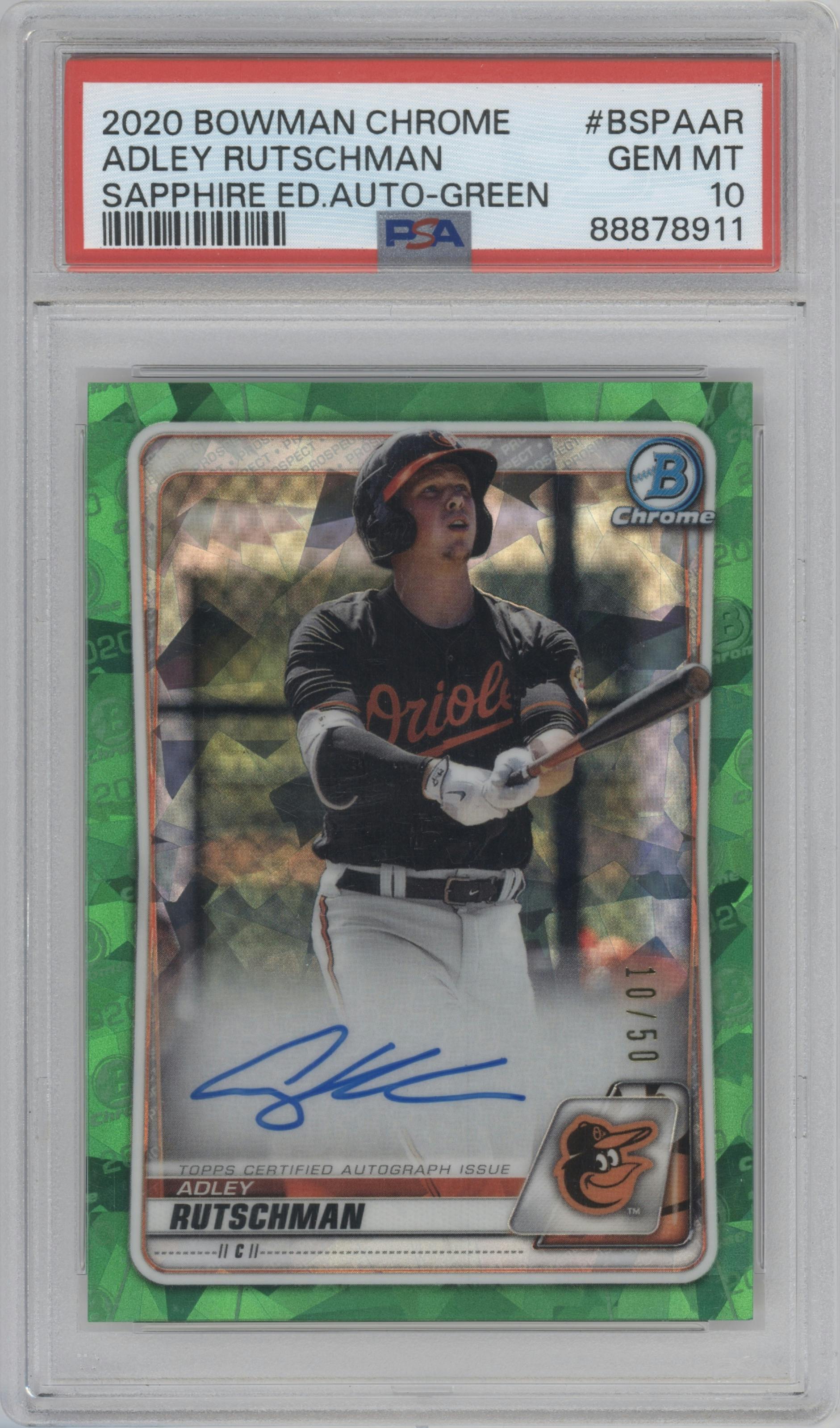 Adley Rutschman from the 2020 Bowman Sapphire Edition set featuring a  Green parallel graded by PSA and given an overall grade of 10.