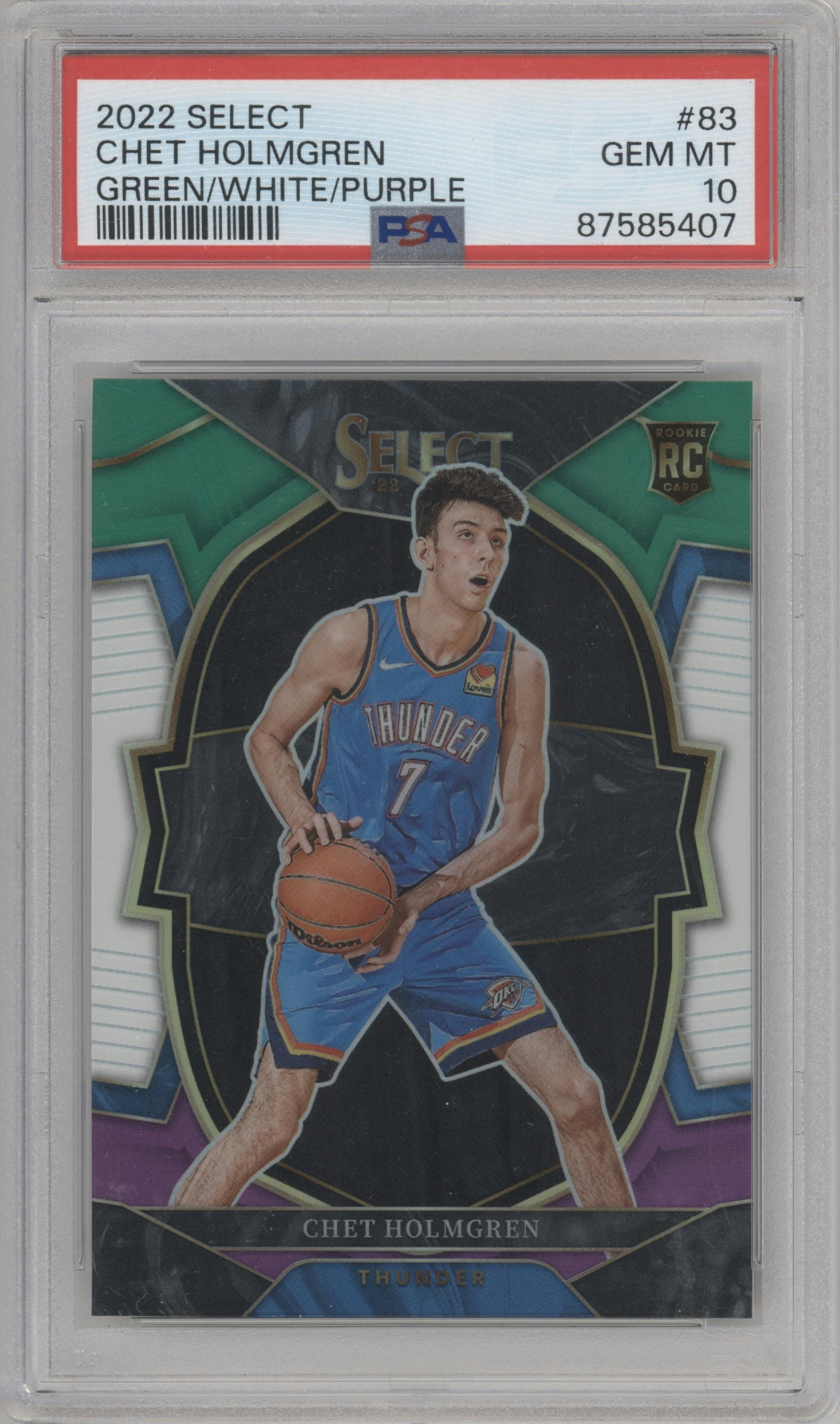 Chet Holmgren from the 2022-23 Panini Select set featuring a Green/White/Purple Prizm parallel graded by PSA and given an overall grade of 10.