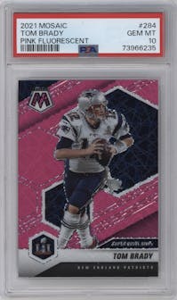 Tom Brady from the 2021 Panini Mosaic set featuring a Pink Fluorescent parallel graded by PSA and given an overall grade of 10.