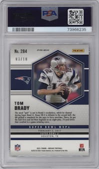 Tom Brady from the 2021 Panini Mosaic set featuring a Pink Fluorescent parallel graded by PSA and given an overall grade of 10.
