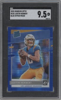 Justin Herbert from the 2020 Panini Donruss Optic set featuring a Hyper Blue  parallel graded by SGC and given an overall grade of 9.5.