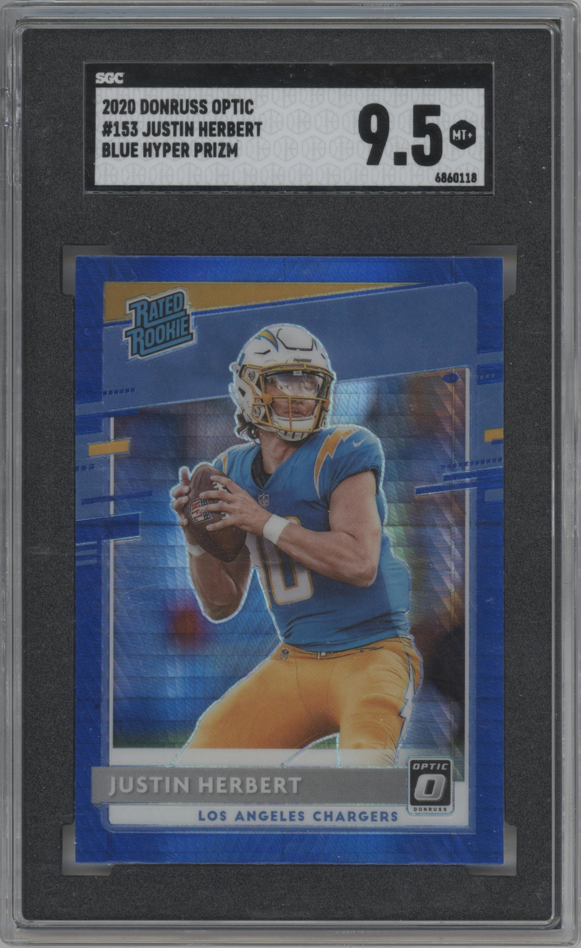 Justin Herbert from the 2020 Panini Donruss Optic set featuring a Hyper Blue  parallel graded by SGC and given an overall grade of 9.5.