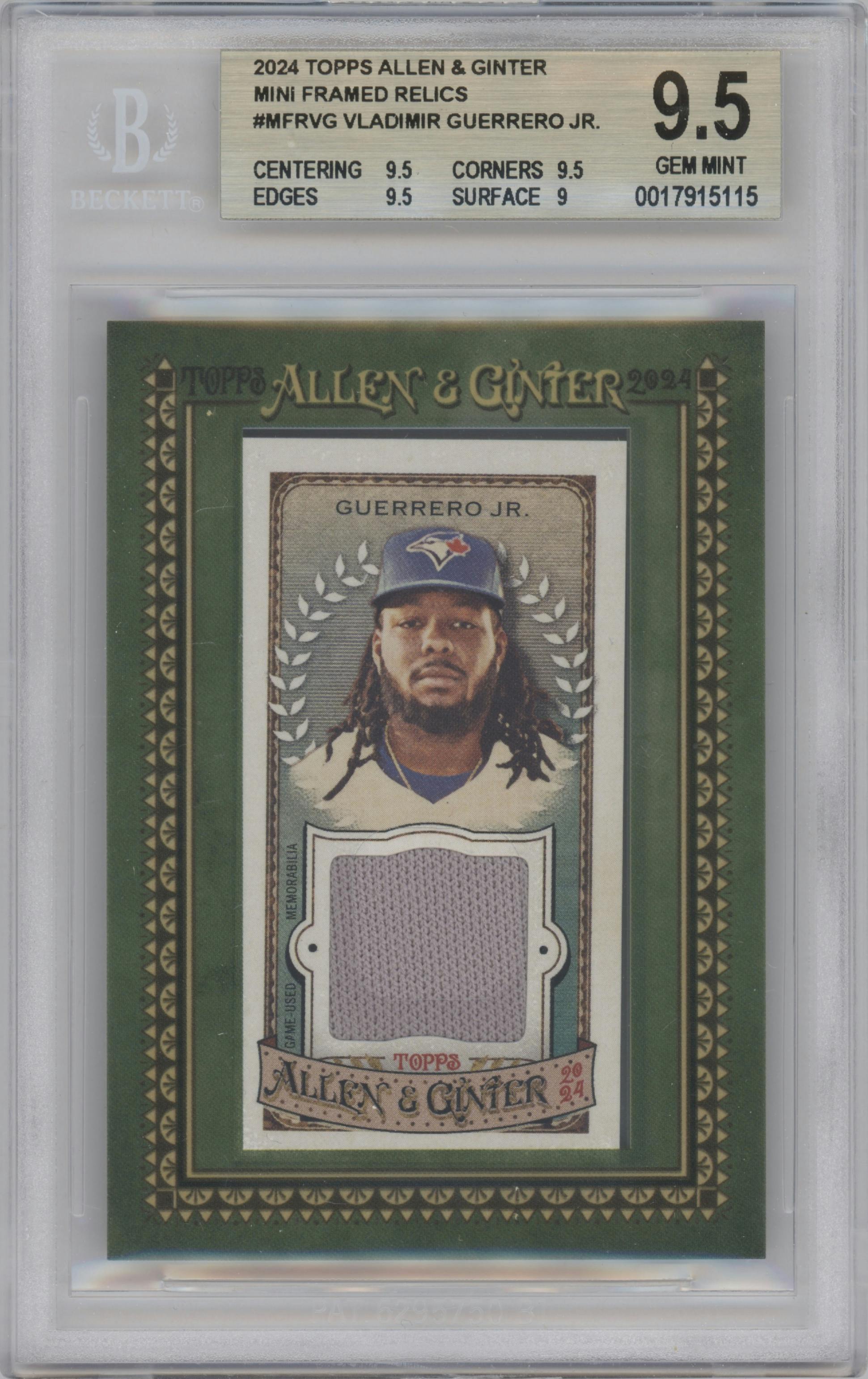 Vladimir Guerrero Jr. from the 2024 Topps Allen & Ginter set graded by Beckett and given an overall grade of 9.5.