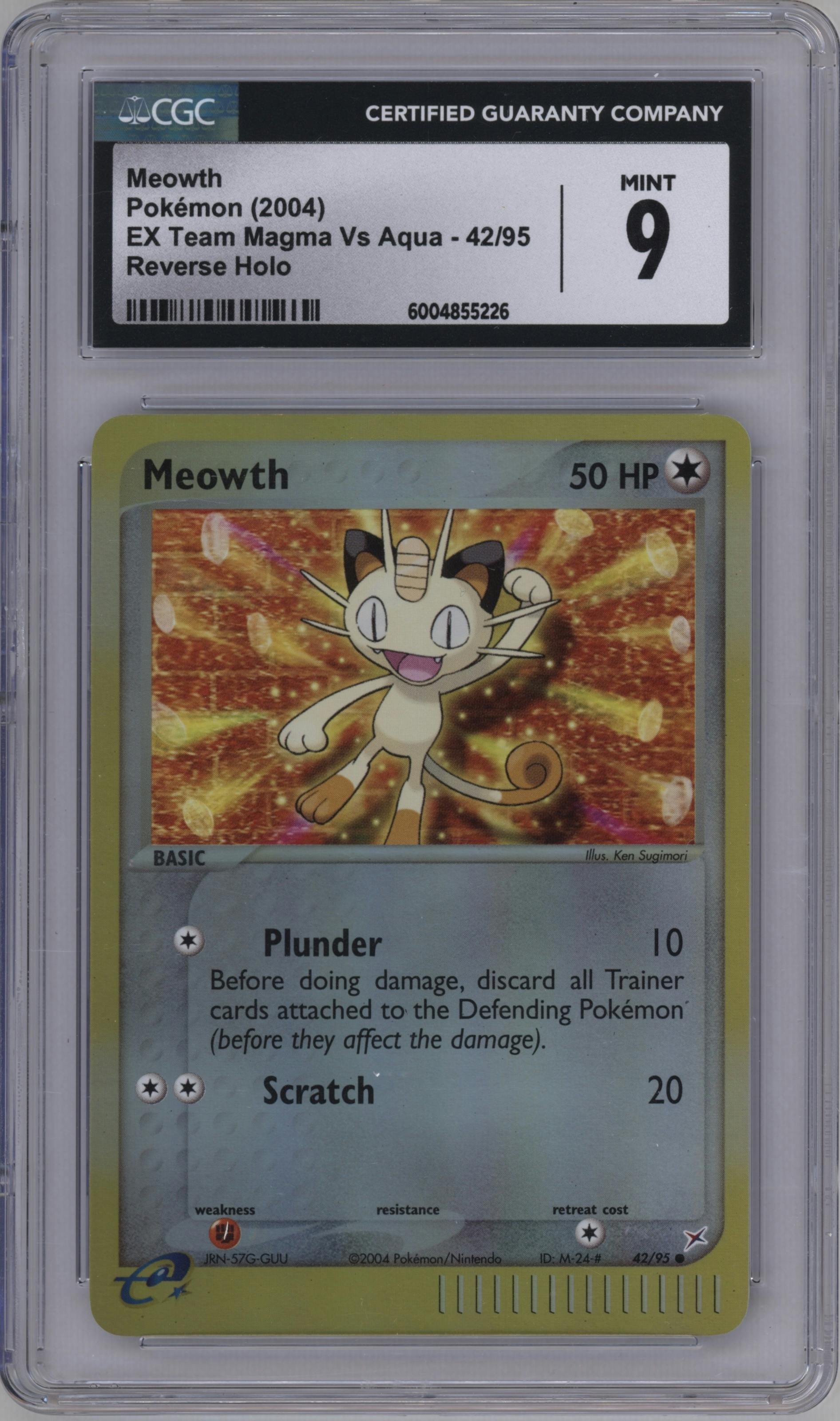 Meowth from the 2004 Pokemon EX set graded by CSG and given an overall grade of 9.